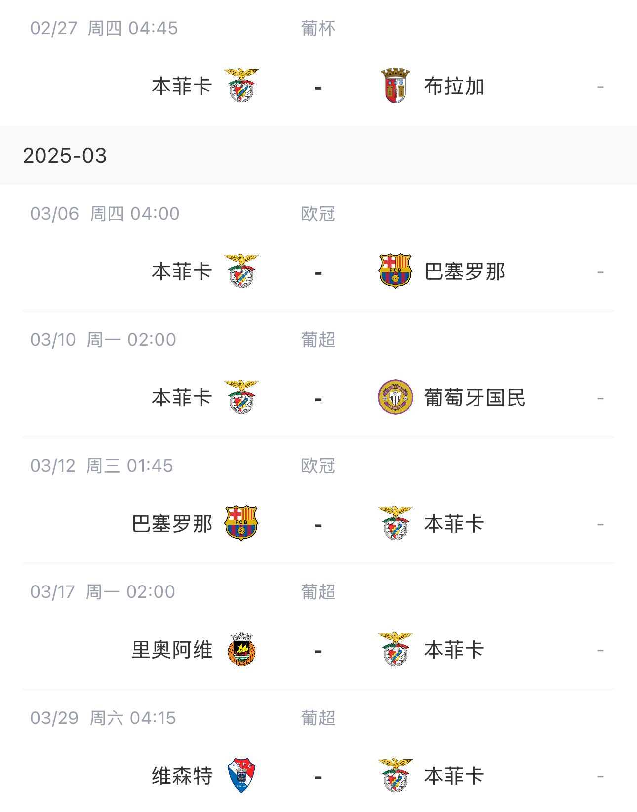 讓路歐冠！本菲卡戰(zhàn)巴薩首回合比賽前的葡超比賽推遲進(jìn)行